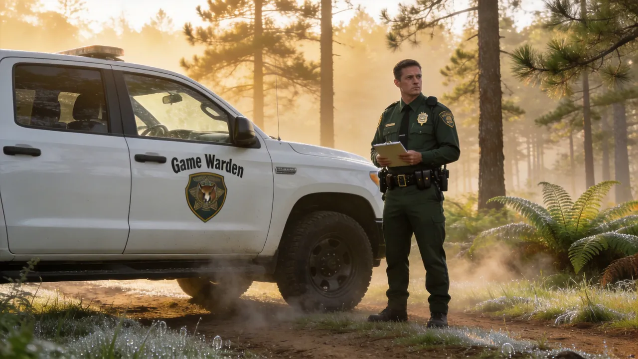 A game warden in uniform standing beside a patrol truck in a forested wildlife area, sunrise lighting